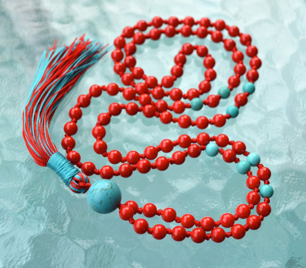 Turquoise and Coral Inlay Bone 108 Beads Red Meditation Mala - Buddha Store