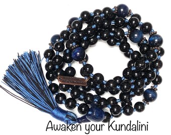 Natural Genuine Energized knotted Black Tourmaline & Blue Tiger Eye || Hawks Eye Mala Beads Necklace || Black and Blue mala || 8 mm 10 mm