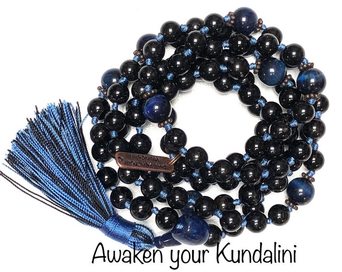 Natural Genuine Energized knotted Black Tourmaline & Blue Tiger Eye || Hawks Eye Mala Beads Necklace || Black and Blue mala || 8 mm 10 mm