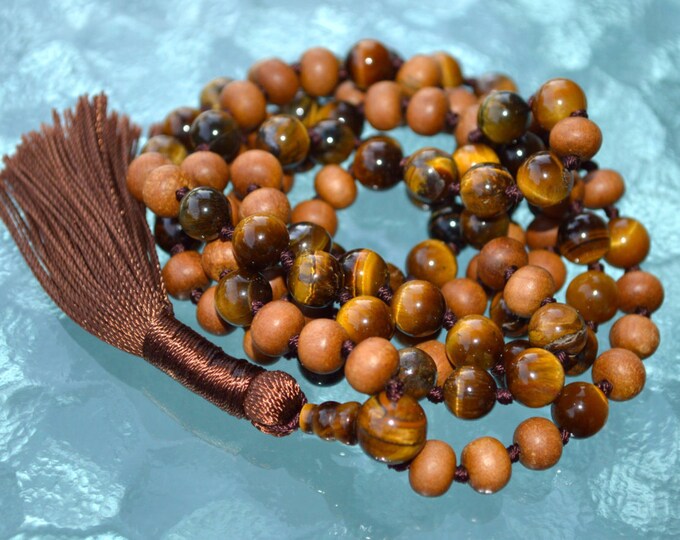 Sandalwood Mala Necklace 8 mm 108 knotted Sandalwood Japa Mala, Wood Bead Necklace, Sandalwood Rosary Hindu Buddhist Prayer Beads Tibetan