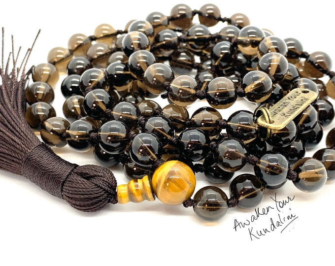 Smokey quartz mala beads necklace root chakra aids sexual life AAA grade knotted yoga jewelry brown smoky quartz beads 108 beaded gem boho