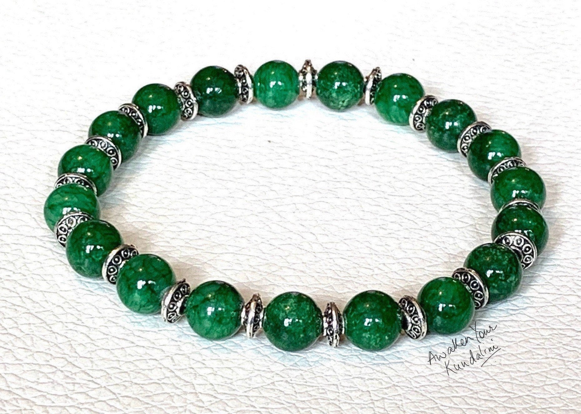 Green Jade Gemstone and Gold Bead Stretch Bracelet - Apparel & Accessories