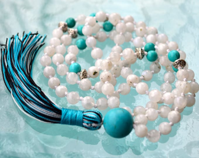 Moonstone Mala Beads Necklace, Turquoise Gemstone Birthday gifts for her, June Birthstone necklace for women