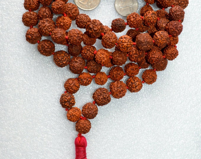 Hand Knotted Rudraksha Mala Beads,Small Shiva Tears: Genuine Rudraksha Beads,108 Rudrakash Necklace, Natural Indian Seeds, Buddhist Jewelry