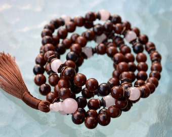 10 mm Root Chakra 108 Mahogany Obsidian Rose Quartz Handmade Mantra Mala, Om Mala for Yoga Meditation - Love life, Inner Vision, Focus