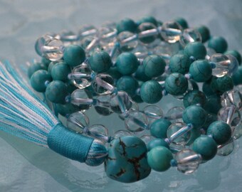 108 Beads Turquoise Quartz Healing Mala Beads Necklace, 7 Chakra Meditation Spiritual Protection Natural Stone Prayer Beads Necklace