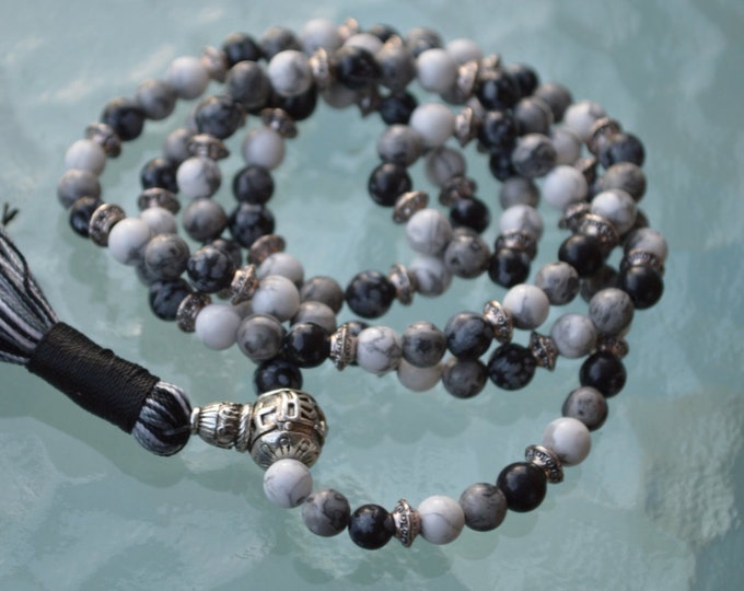 Dragon glass Beaded Necklace, Obsidian Mala Necklace, November Birthstone Necklace, White Howlite Snowflake Obsidian, Silver Wrap Mala Beads