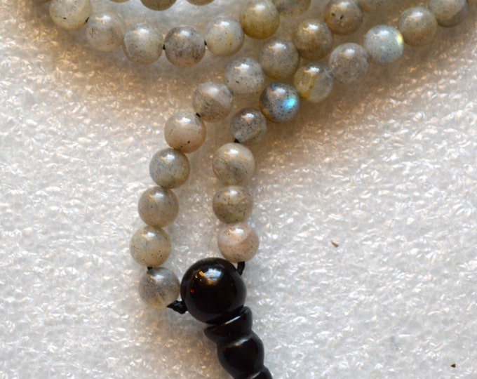 Labradorite and Black Onyx Handmade Tassel Mala Beads Necklace - 8 mm 108 Power Stones to Stimulate Imagination, Enthusiasm & New Ideas