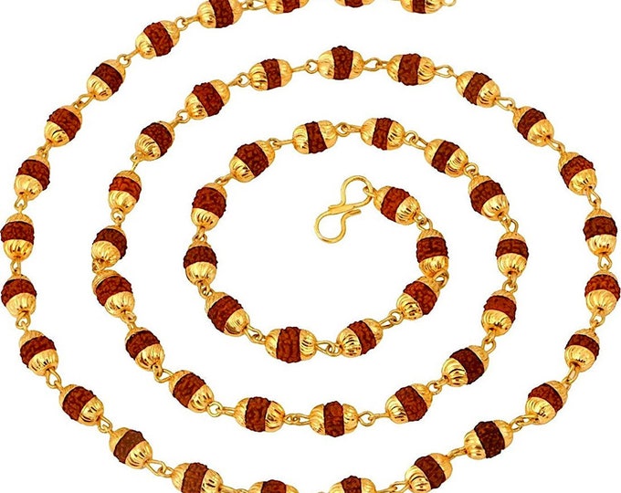 Rudraksh Beads, Rudraksha Mala Beads Necklace with Golden caps links -Energized Karma Nirvana Meditation 6 mm Awakening Chakra Kundalini