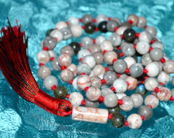 108 Hypersthene & Labradorite Hand Knotted Mala Beads Necklace - Opens Future Possibilities, Reduces Negative Self Pride Enhance Self Es