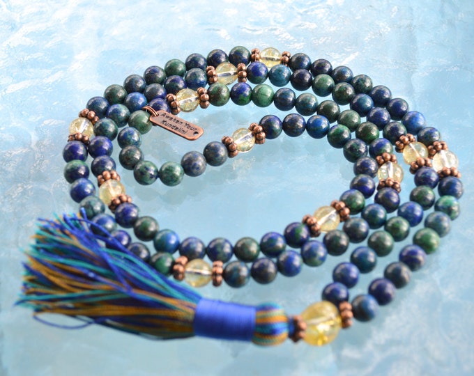 Natural AAA grade 8 mm Azurite and Citrine Mala Beads Necklace for Psychic gifts - Third Eye Activation Mala Beads, Stimulates Spiritual Awa