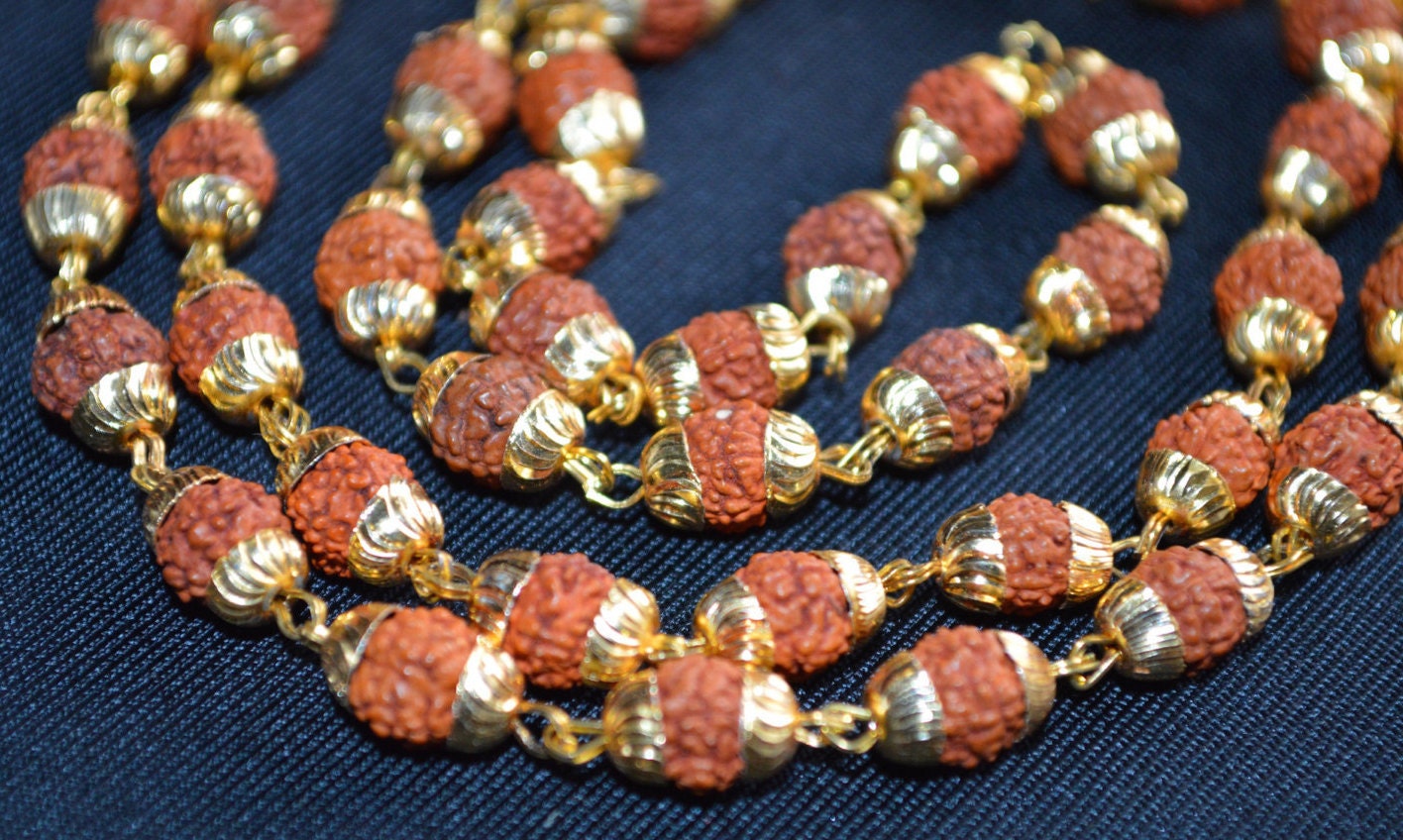 Rudraksh Beads, Rudraksha Mala Beads Necklace with Golden caps links ...