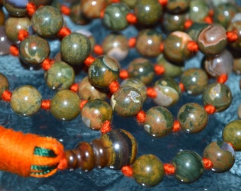 Knotted Rainforest Jasper Mala Rhyolite Beads Necklace - Heal any emotional problems you may have, gives you a deeper connection with nature