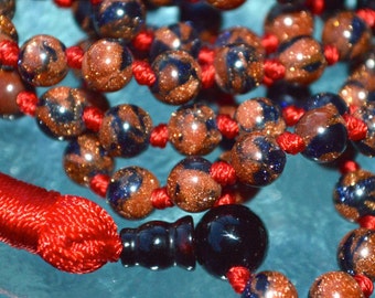 6mm Blue Brown Goldstone & Onyx Prayer Beads Hand Knotted Japa Mala - Karma Nirvana Meditation Awakening Chakra Kundalini Rosary 108+1 B