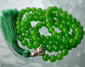 Handmade Beads Mala, Healing Jewelry Yoga Beads Necklace Japa Mala 108, Green Carnelian - Achieving Goals Memory Concentration Self Esteem