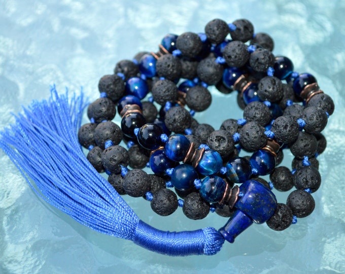 Protecting 108 Hand knotted Hawks Eye Blue Tigers Eye Lapis Lazuli Basalt Lava Mala Beads Grounding Integrity Will power Intutition Insomnia