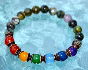 7 Chakra Bracelet with Dragon Vein Agate Beads, For Men & Women