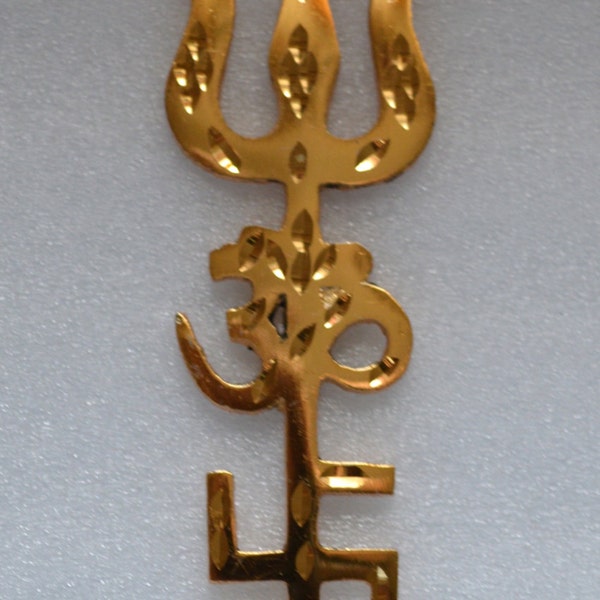 3.5" Religious Tri Shakti Trishul Om Aum Swastik Pure Brass Hanging Energised Yantra Sign - For Peace, Immense Wealth and Prosperity