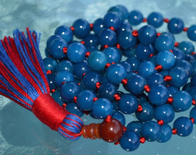 8 mm Blue Agate Hand Knotted Mala Beads Necklace - self realization, reduces emotional and mental stress. It strengthens heart, detoxifies