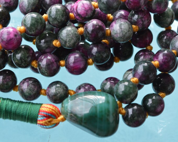 Heart Chakra 108 Anyolite or Green Ruby Zoisite & Green Agate Knotted Mala Beads Necklace Enhances connection between your brain and heart