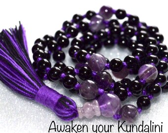 Emotional Protection Stability Onyx and Amethyst Mala Beads, Mala Necklace, Amethyst Mala Prayer Bead Knotted Necklace, Yoga Gift for Her