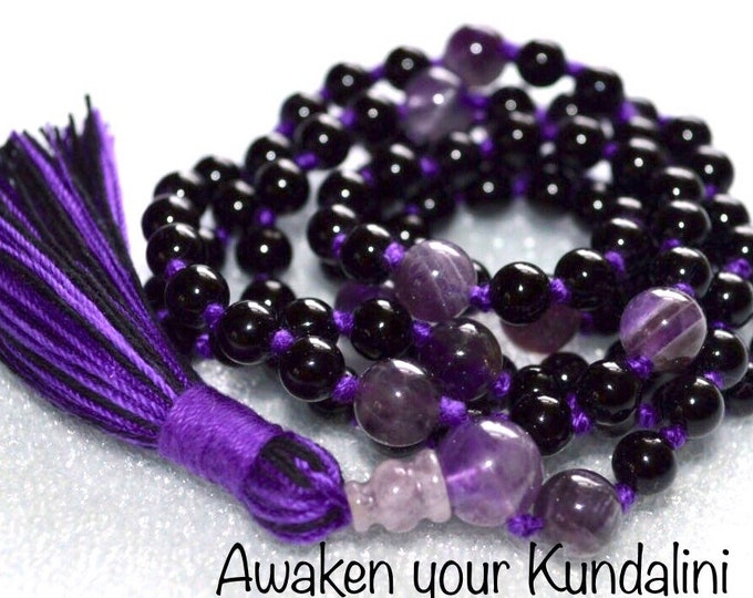 Emotional Protection Stability Onyx and Amethyst Mala Beads, Mala Necklace, Amethyst Mala Prayer Bead Knotted Necklace, Yoga Gift for Her