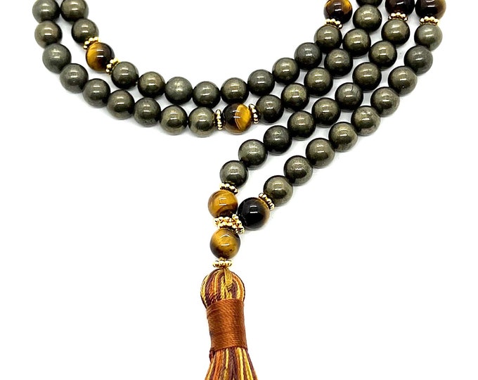 108 Pyrite Tiger eye mala beads necklace protection necklace gemstone necklace beaded necklace gold necklace long boho mens energy necklace