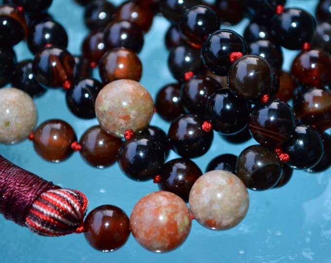 Cyber Monday Sale Natural Agate & Unakite Hand Knotted Mala Beads Necklace - Improves Concentration Clarity Encourages Fertility Power