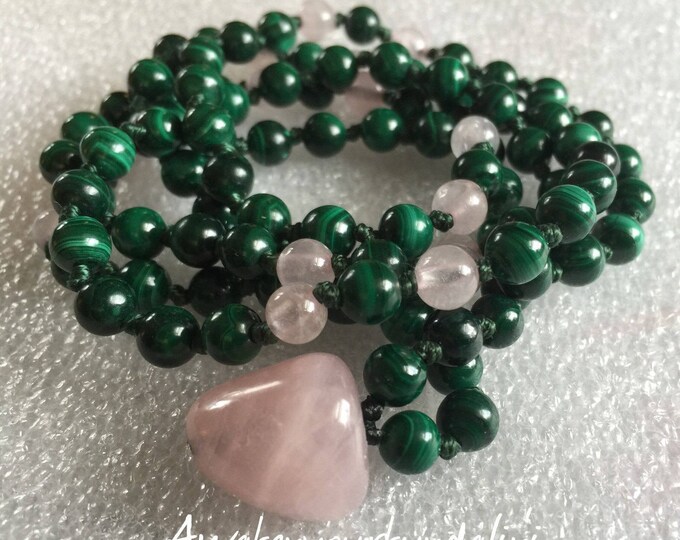 Heart Chakra Rose Quartz Malachite Moonstone 108 Knotted Mala Bead Unconditional love Openness Balance Forgiveness Trust Compassion Insomnia