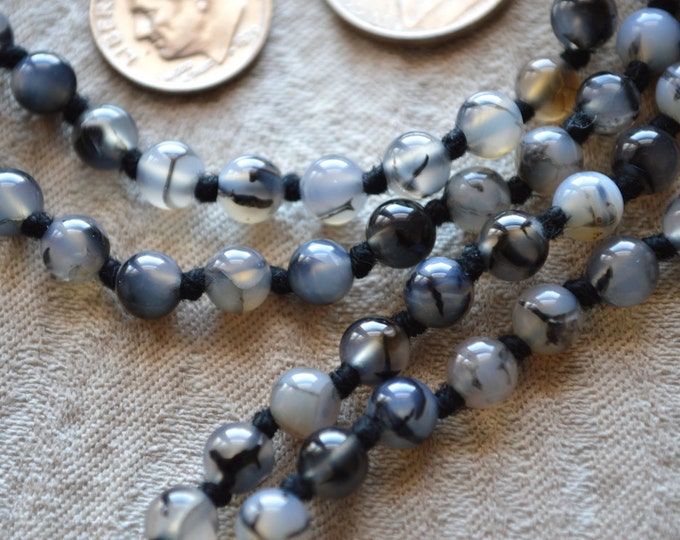 Grey Black Dragon Vein Agate Hand Knotted Mala Beads Necklace - Nirvana Meditation 6mm 108 Bhakti Prayer Bead For Awakening Chakra Kundalini
