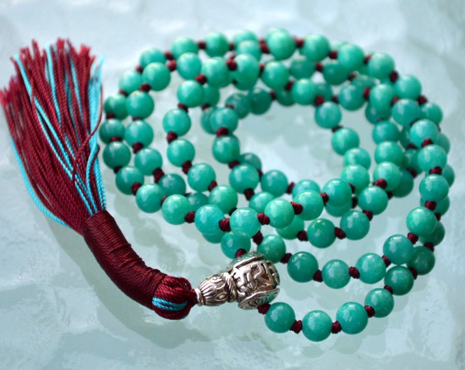 108 Turquoise Jade Hand Knotted Mala Beads Necklace - Energized Karma Nirvana Meditation 6 mm Prayer Beads For Awakening Chakra Kundali