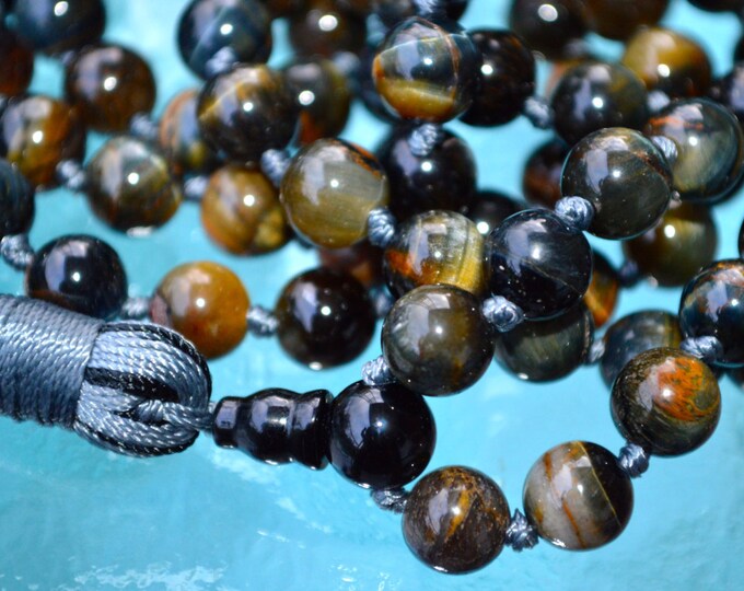 Rare Tiger Eye & Black Onyx Hand knotted Charming Mala Necklace - Blessed Nirvana Meditation 8MM Prayer Beads For Awakening Chakra Kunda