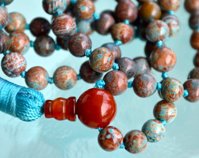 Rare Fossil beads & Red Agate Hand Knotted Mala Beads Necklace - Karma Nirvana Meditation 6MM Prayer Beads For Chanting and Awakening Ch