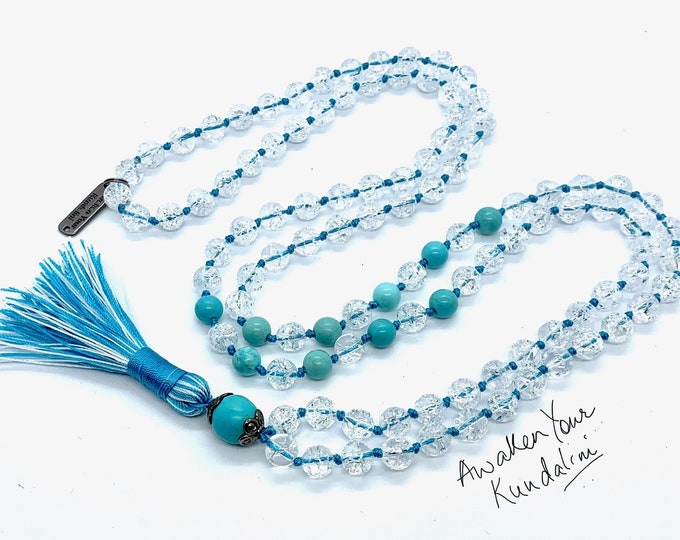 Crystal Quartz Necklace, Turquoise 108 Prayer Beads Mala