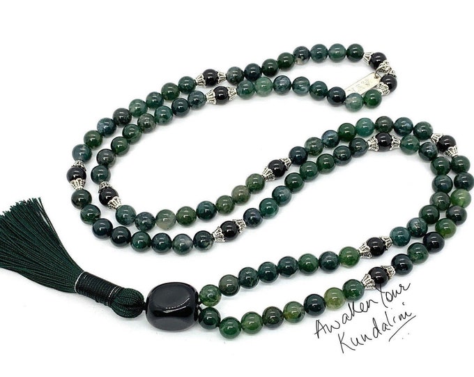 Moss agate necklace - Tourmaline mala moss agate silver handmade semi precious stone necklace , green silver gemstone jewelry, Taurus gift