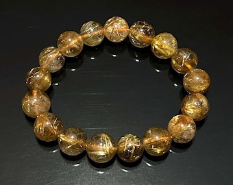 Rutilated Quartz Bracelet, Natural Golden 12mm Beads Barcelet
