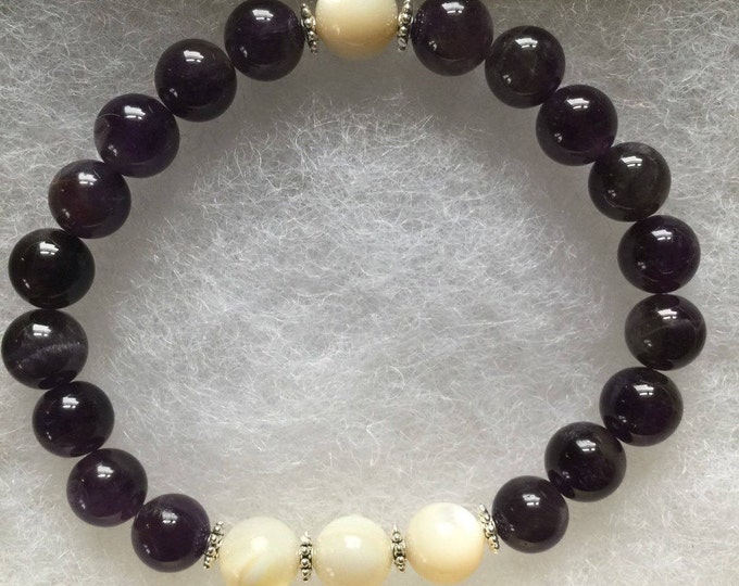 Sterling Silver Amethyst Mother of Pearl Beads Wrist Bracelet -stimulates spirituality enhances creativity passion 3rd Eye Crown Chakra