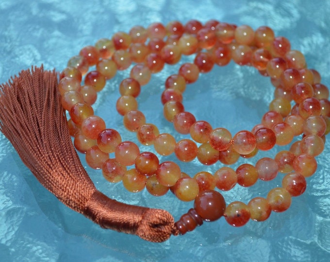 Cyber Monday Sale Genstone Kundalini Mala beads Orange Jade Prayer beads 108 Mala beads Yoga Jewelry Buddhist Hindu RosaryChristmas