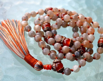 108 Beads Healing Mala Peach Moonstone Necklace, 7 Chakra Tassel Necklace, Meditation Spiritual Protection Natural Stone Mala Prayer Beads