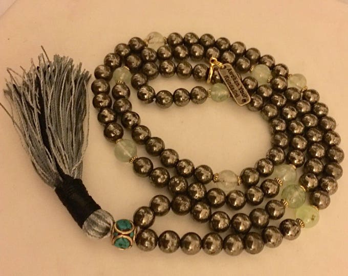108 Golden Pyrite and  Prehnite Mala for Self Esteem, health, Strong Will power, Happiness, Vitality, Spiritual growth,