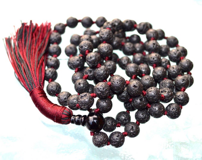 108 Beads Healing Mala Necklace, Raven Skull Kali Mala, Black Basalt Lava Tassel Necklace, Wiccan, Meditation  Protection, Prayer Beads