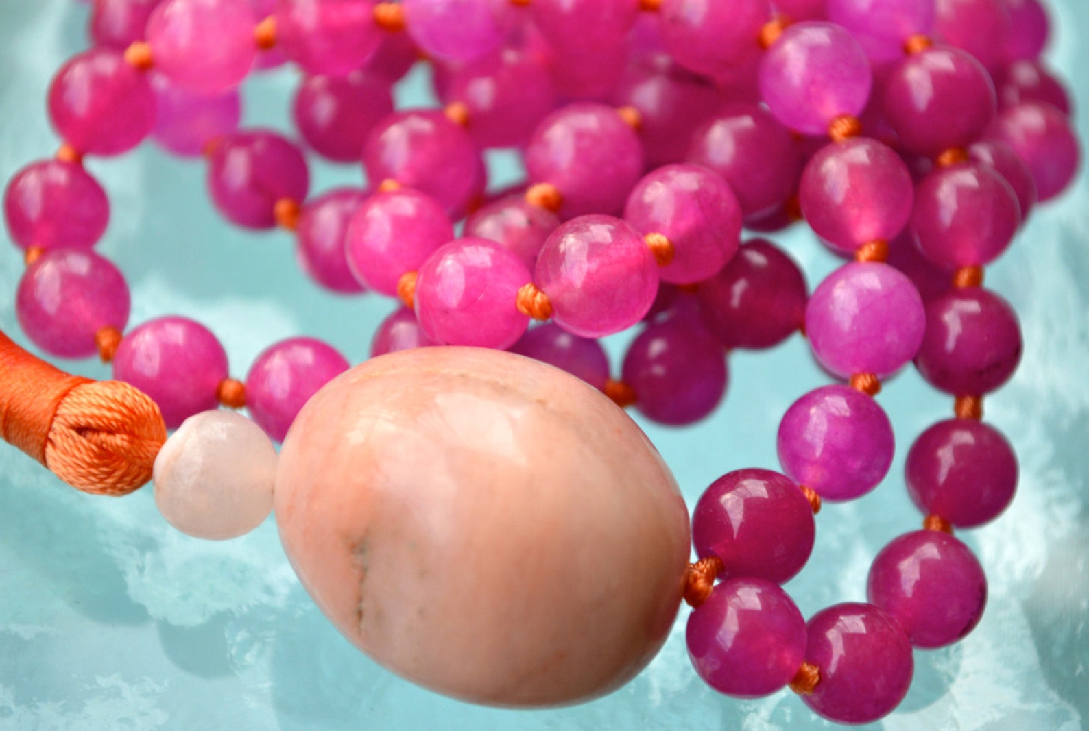 108 Pink Jade Prayer Beads Hand Knotted Mala Beads Necklace Etsy