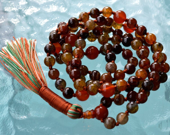 Dragon Vein Agate & Carnelian knotted Mala Beads Necklace Carnelian Necklace gemstone statement pendant knotted necklace stone minimalist