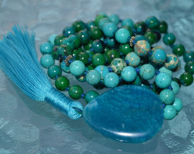 108 Turquoise Imperial Jasper Mala Beads Necklace Meditation 108 Prayer Beads Yoga Necklace, AAA Blue Sea Sediment Mala,  Healing Crystals