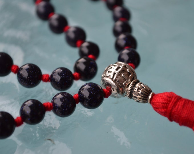 8mm Blue Goldstone Sandstone Prayer Beads HandMade Japa Mala - brings courage, confidence and willpower and boost vitality and energy.