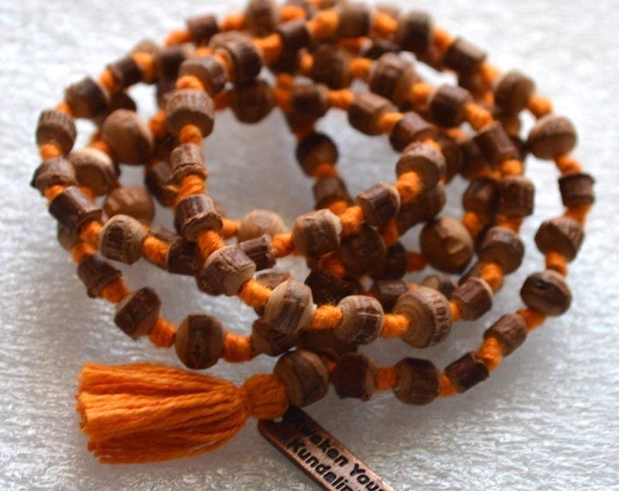 Natural Raw Tulsi Holy Basil Knotted Mala beads Necklace  || Tulsi Mala Bracelet  || Knotted Tulasi Mala in Orange string || Wood mala beads