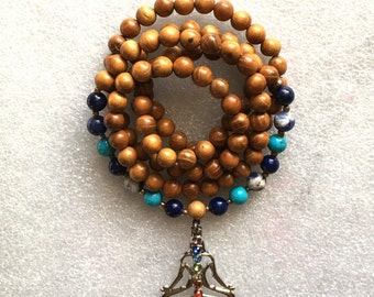 108 Throat Chakra Wrap Mala Necklace, Wooden Wrap Mala Beads Necklace