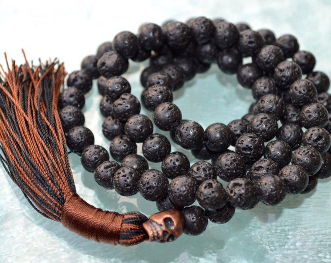 8 mm, 10 mm, Black Basalt Lava Mala Beads Necklace, Raven Skull Mala, Wiccan Jewelry, Wicca, Kali Mala, 108 beads, Japa, Meditation, Prayer