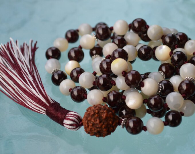 Garnet, Mother of Pearl, Semi Precious Mala Beads 108, Knotted Prayer Beads, Meditation, Japa, Yoga, Red, White, Energize, Root Chakra