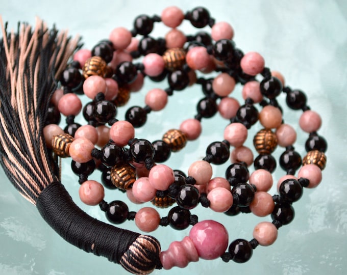 Rhodonite and Black Onyx Mala Necklace 108 knotted Gemstone Fertility Mala Beads Heart Chakra Healing Bracelet Anniversary Gift for her him